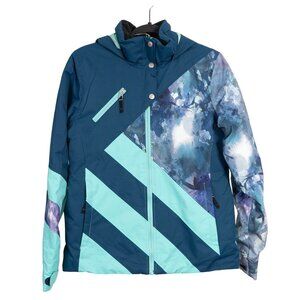 Obermeyer Youth Jacket Teen XL 18 Insulated Winter Jacket Blue Teal Floral Hood